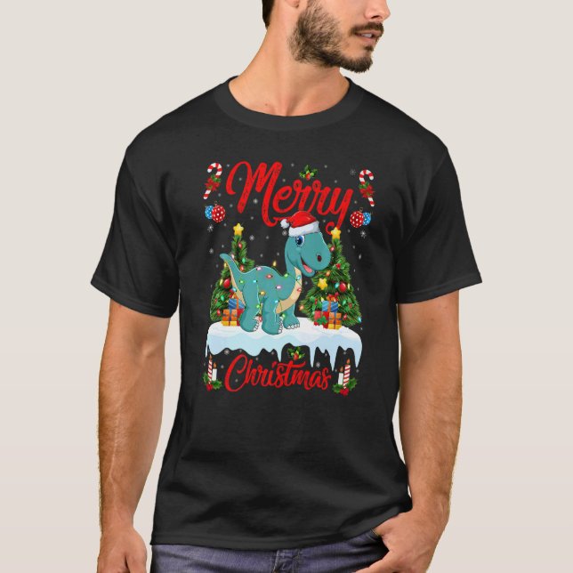 Camiseta Lights Xmas Tree Santa Brontosaurus Dinosaur Chris (Frente)