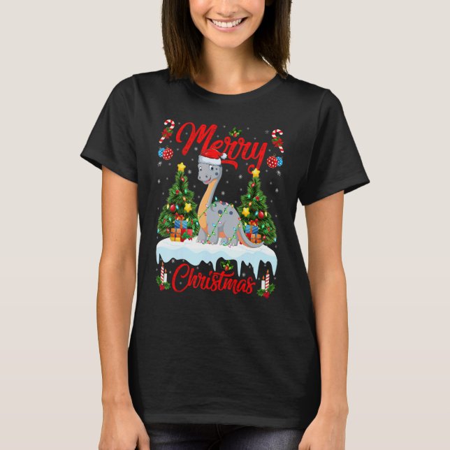 Camiseta Lights Xmas Tree Santa Diplodocus Dinosaur Christm (Frente)