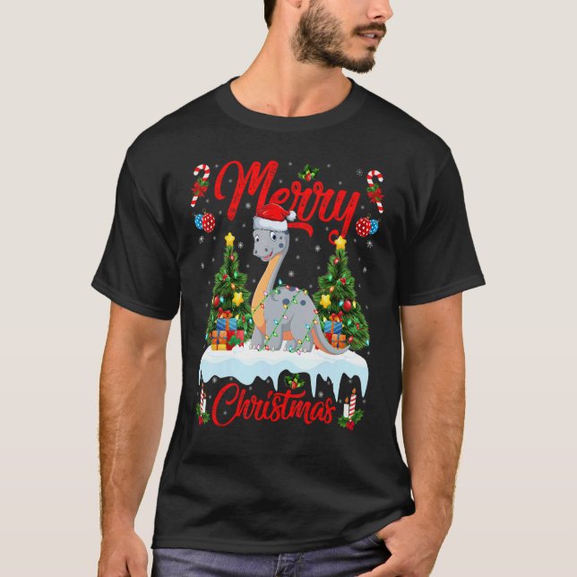 Camiseta Lights Xmas Tree Santa Diplodocus Dinosaur Christm (Frente)