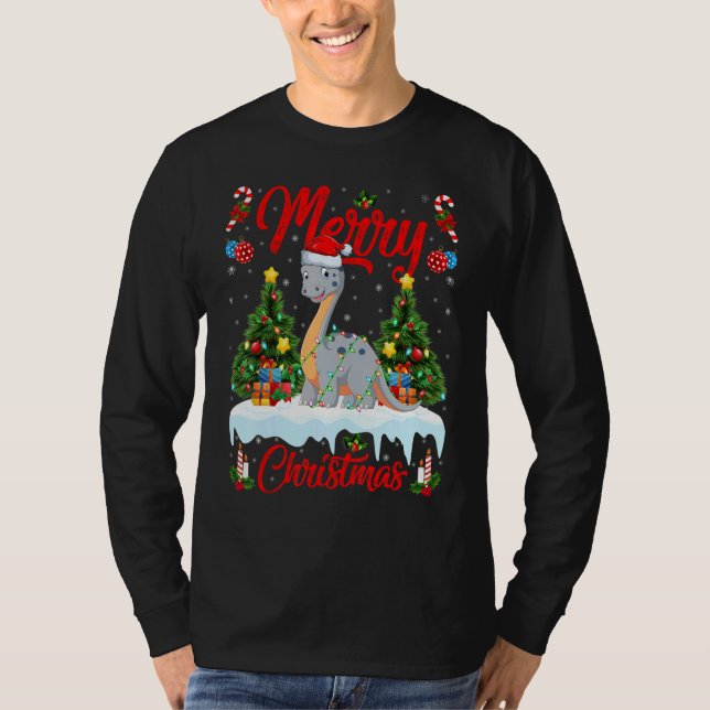 Camiseta Lights Xmas Tree Santa Diplodocus Dinosaur Christm (Frente)