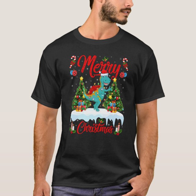 Camiseta Lights Xmas Tree Santa Spinosaurus Dinosaur Christ (Frente)