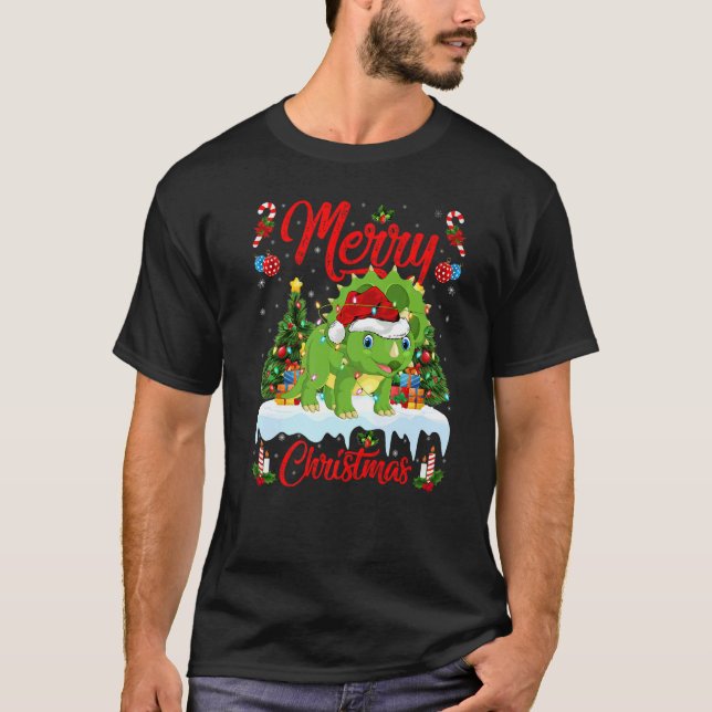 Camiseta Lights Xmas Tree Santa Triceratops Dinosaur Christ (Frente)