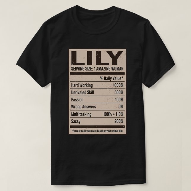 Camiseta Lily Nutritrition Facts Name Alias Title Fri (Frente do Design)
