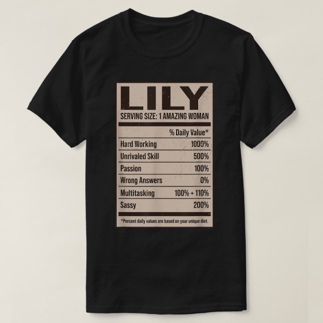 Camiseta Lily Nutritrition Facts Name Alias Title Fri (Frente do Design)