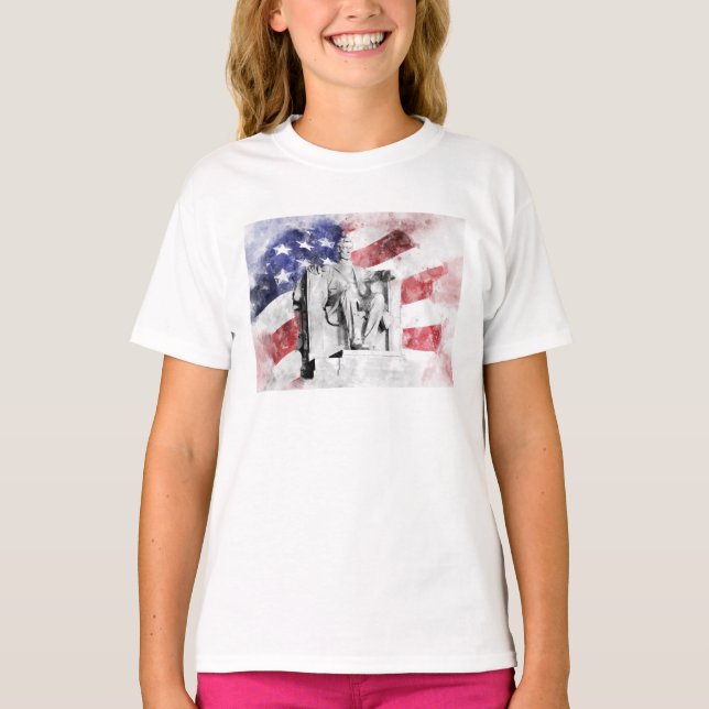Camiseta Lincoln Memorial watercolor com bandeira americana (Frente)