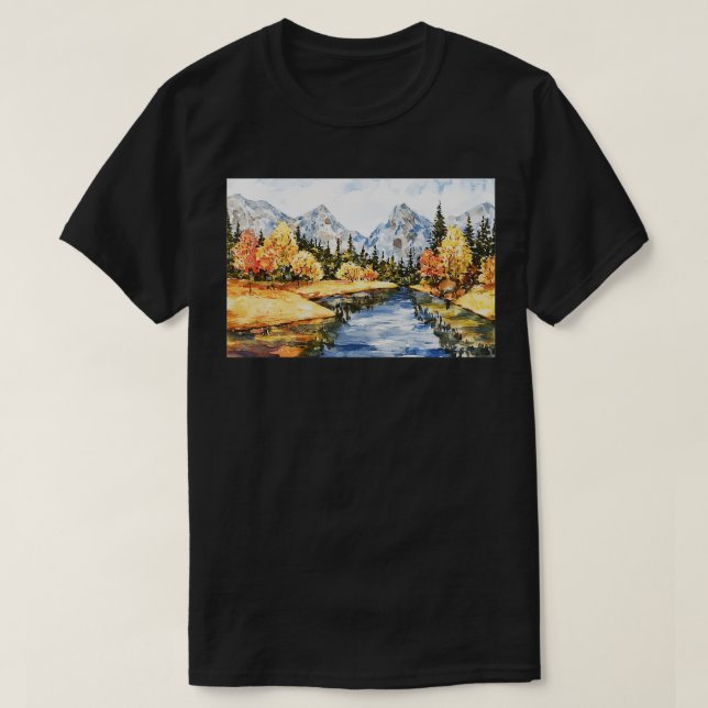 Camiseta Linda Aquarela Fluvial E Paisagem Montanhosa (Frente do Design)