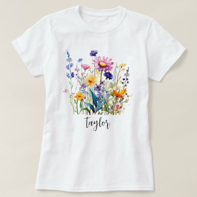Camiseta Linda Aquarela Jardim Botânico de Flor Selvagem (Frente do Design)