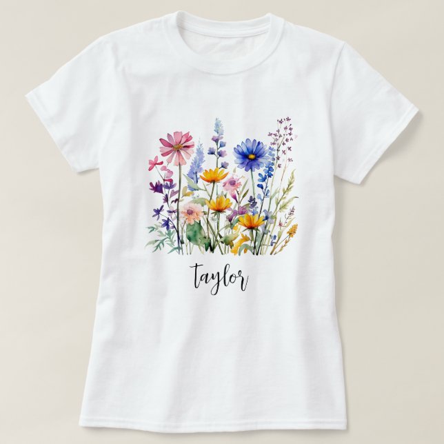 Camiseta Linda Aquarela Jardim Botânico de Flor Selvagem (Frente do Design)