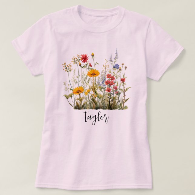 Camiseta Linda Aquarela Jardim Botânico de Flor Selvagem (Frente do Design)