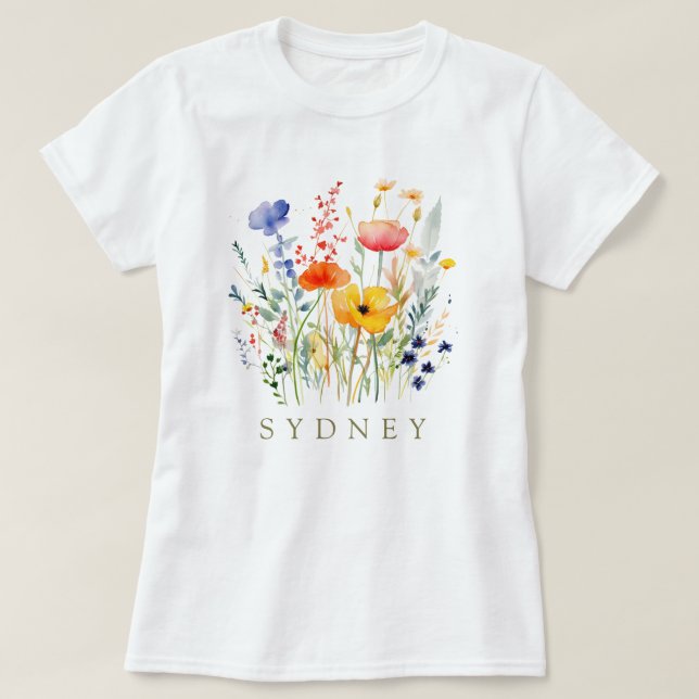 Camiseta Linda Aquarela Jardim Botânico de Flor Selvagem (Frente do Design)