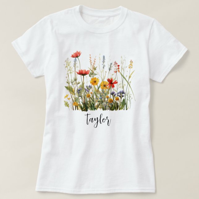 Camiseta Linda Aquarela Jardim Botânico de Flor Selvagem (Frente do Design)