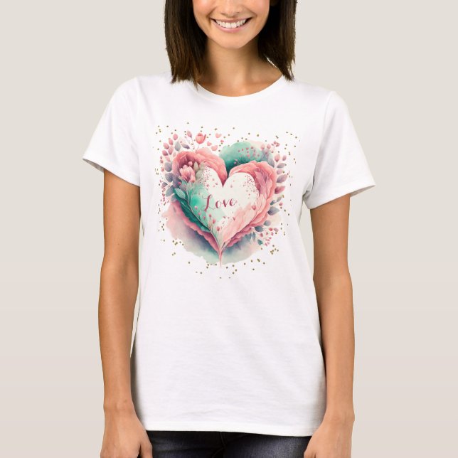 Camiseta Linda Aquarela Rosa e Coração Floral Verde (Frente)