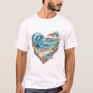 Camiseta Linda Areia Areia Ondas de Árvore Conchas