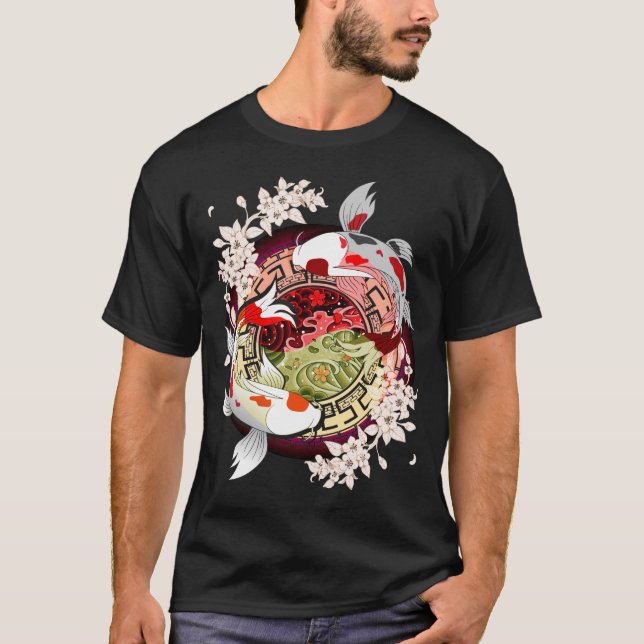 Camiseta Linda Arte Japonesa Flor Koi Fish (Frente)