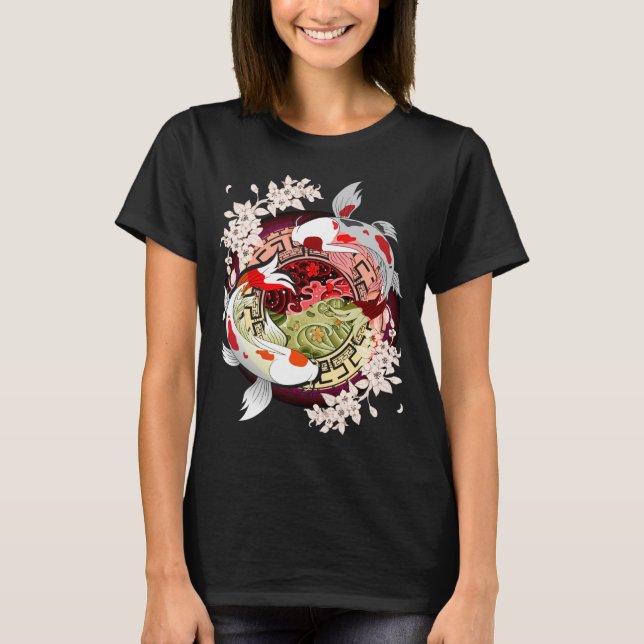 Camiseta Linda Arte Japonesa Flor Koi Fish (Frente)