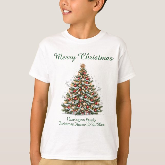 Camiseta Linda Árvore de Natal Decorada Combinando com a Fa (Frente)
