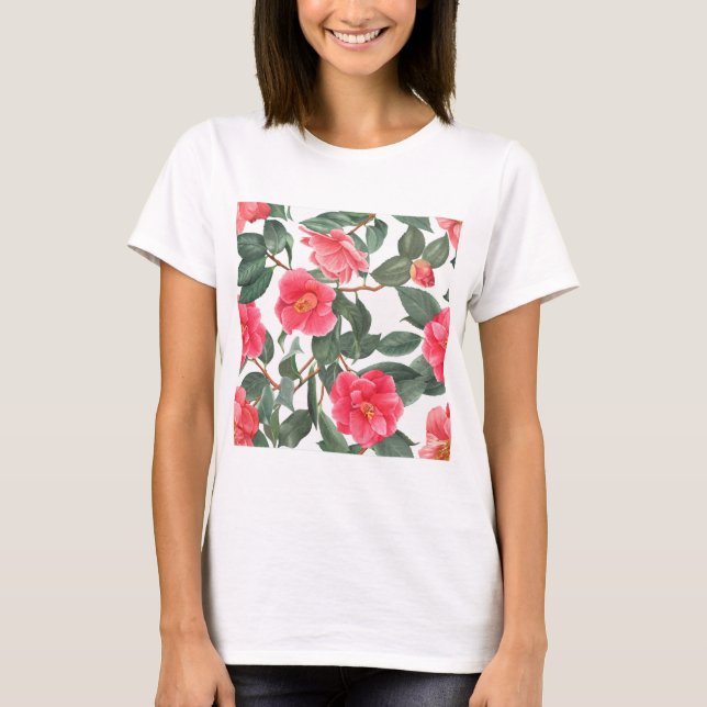 Camiseta Linda Camélia Flores e Folhas Padrão Acti (Frente)