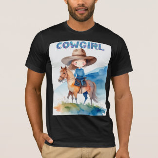Camiseta Linda Desenho de Aquarela de Garota Cowgirl Montan