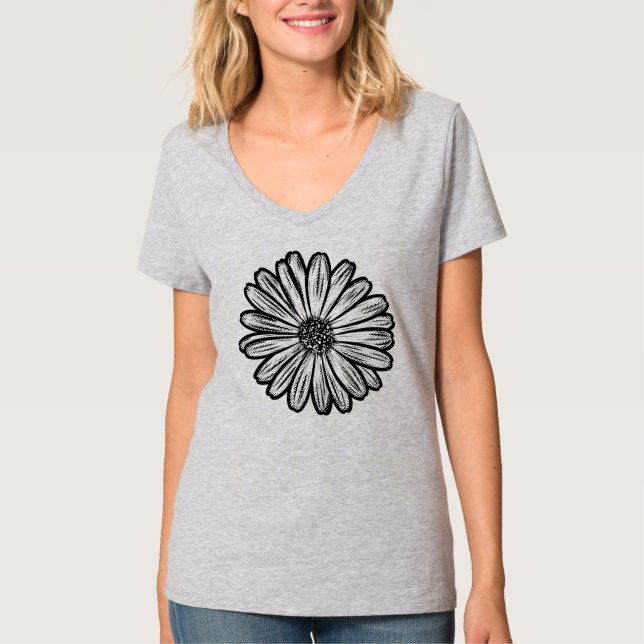 Camiseta Linda Flor de Margarida, Ilustração de Meio-Tons (Frente)