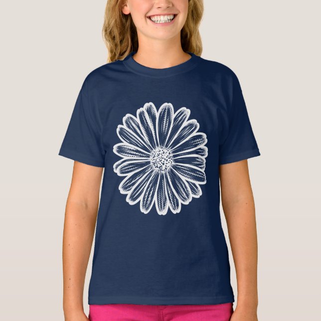 Camiseta Linda Flor de Margarida, Ilustração de Meio-Tons (Frente)