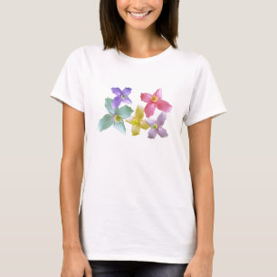 Camiseta Linda flor rosa, roxa, amarela, azul colorida
