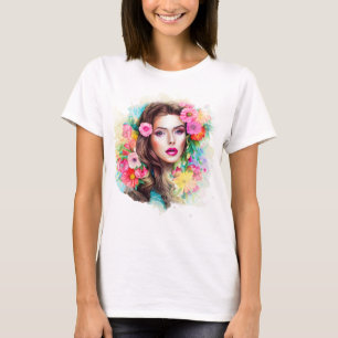 Camiseta Linda Garota Com Flores Rosa Rosa Rosa Cor-De-Rosa