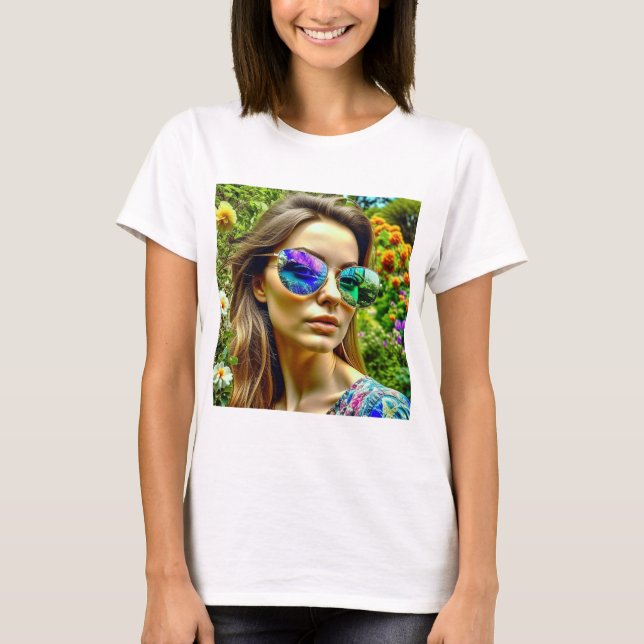 Camiseta Linda garota com óculos de sol Refletindo flores (Frente)
