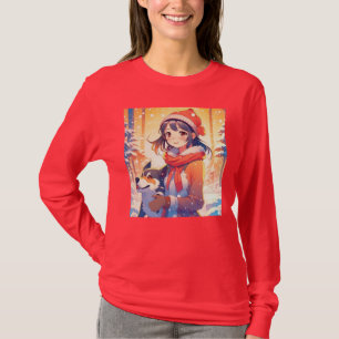 Camiseta Linda Garota de Anime com Cachorro Husky Natal