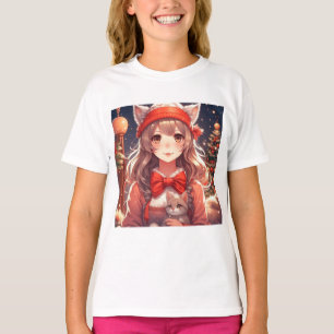 Camiseta Linda Garota de Anime Segurando Gatinho Natal