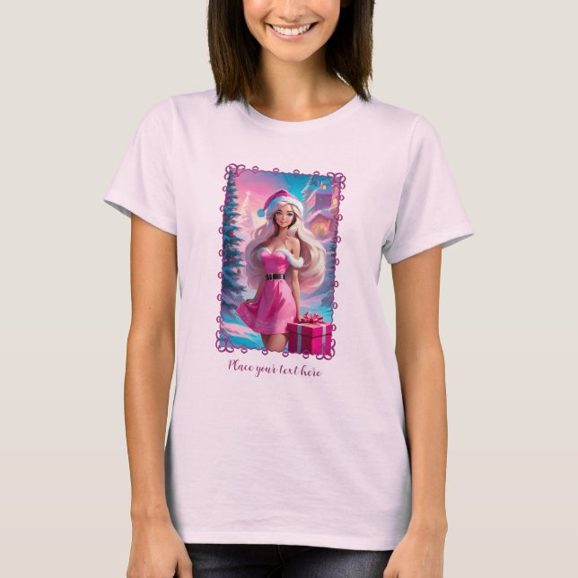 Camiseta Linda garota de Natal rosa 01 (Frente)