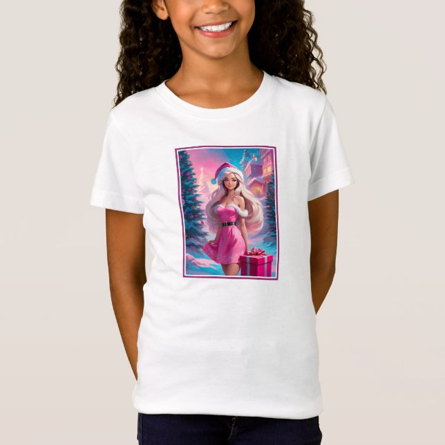 Camiseta Linda garota de Natal rosa 01 (Frente)