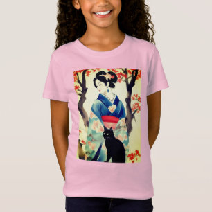 Camiseta Linda garota japonesa com um gato preto