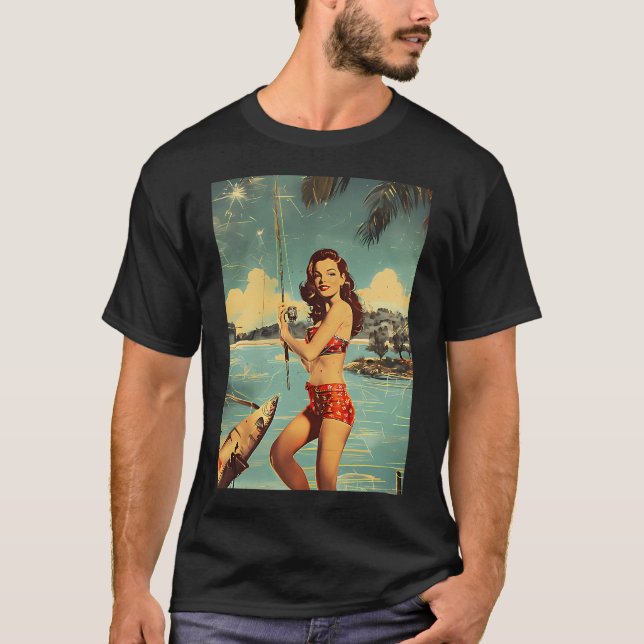 Camiseta Linda garota retrô pescando (Frente)