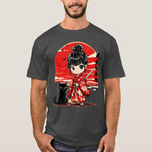 Camiseta Linda Garota Samurai Kawaii e Gato Anime Japonês G