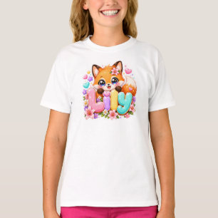 Camiseta Linda Lily Raposa Nome Pastel Rosa Floral Madeira