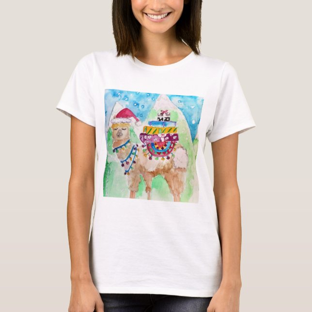 Camiseta Linda Llama Feliz Natal Arte aquarela (Frente)
