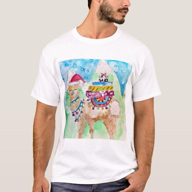 Camiseta Linda Llama Feliz Natal Arte aquarela (Frente)