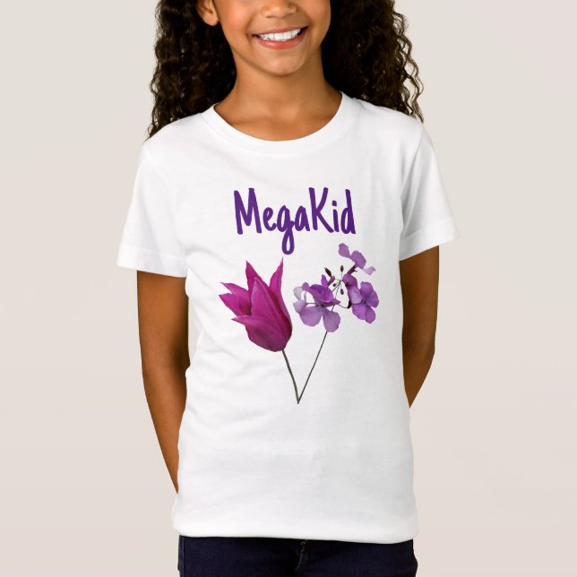 Camiseta Linda Mega Kid tulipa rosa bonito floral roxa (Frente)