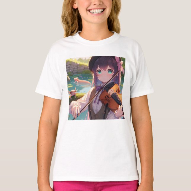 Camiseta Linda Menina de Animação Tocando Violino (Frente)
