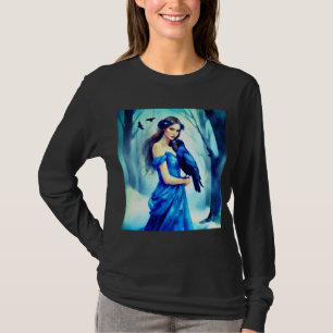 Camiseta Linda mulher com um Raven, em uma Floresta Neve