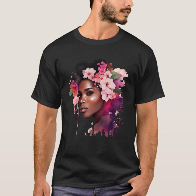 Camiseta Linda Mulher Negra Afro Rainha Melanin Fluxo Rosa (Frente)