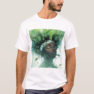 Camiseta Linda mulher negra flutuando na água com plantas