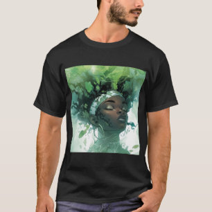 Camiseta Linda mulher negra flutuando na água com plantas