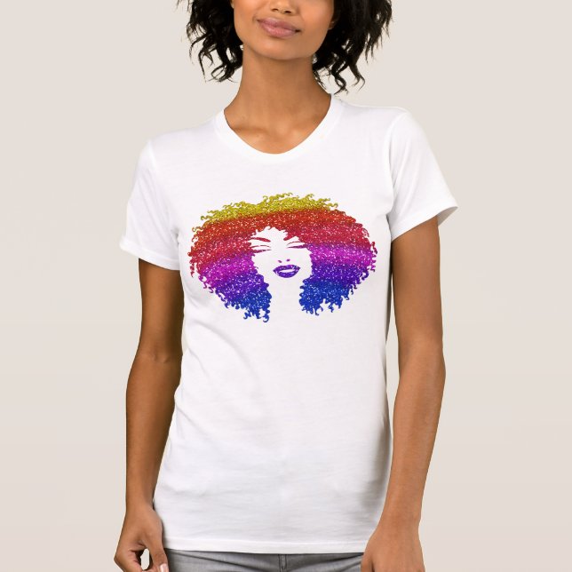 Camiseta Linda Mulher | Penteado Afro Natural | Arco-íris (Frente)