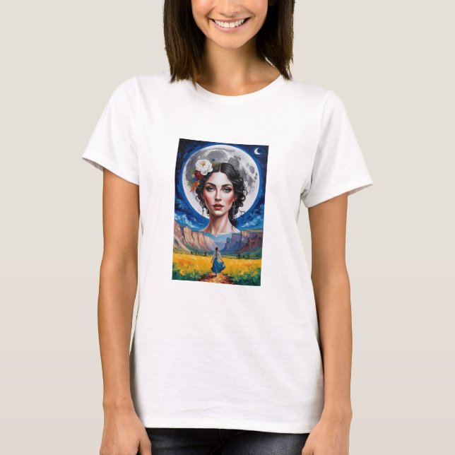 Camiseta linda mulher sobre uma lua grande (Frente)