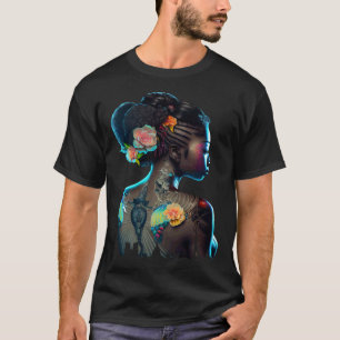 Camiseta Linda Negra Brincadeira Flores Africanos