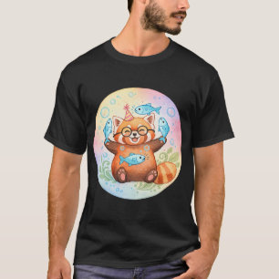 Camiseta Linda Panda Vermelha Aquarela com Peixe Ilustração