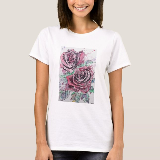 Camiseta Linda pintura por aquarela Rosa vermelha (Frente)