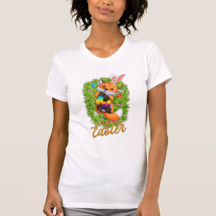 Camiseta Linda Raposa Orelhas de Coelho Feliz Páscoa Raposa