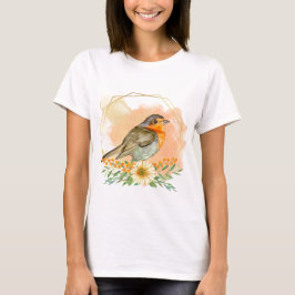 Camiseta Linda Robin e Flores Silvestres em Aquarela